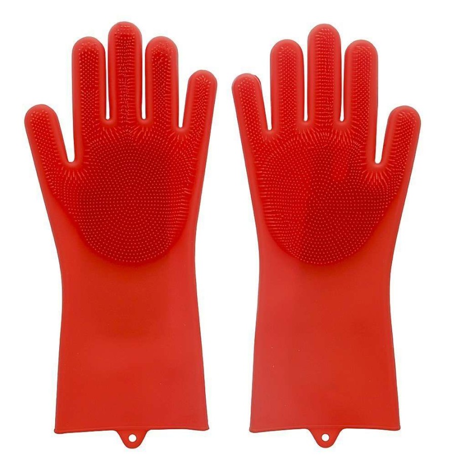 Cleaning Tools * | Scruba-Dub Antibacterial Silicone Cleaning Gloves Ruby Red