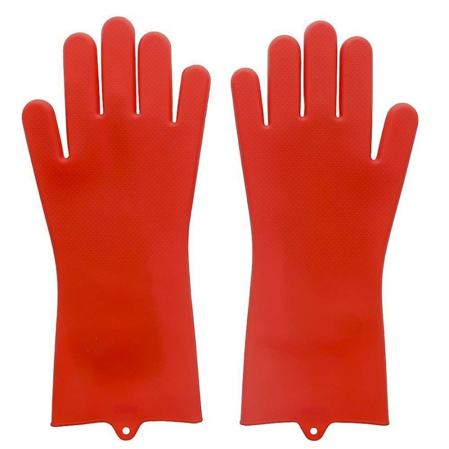 Cleaning Tools * | Scruba-Dub Antibacterial Silicone Cleaning Gloves Ruby Red